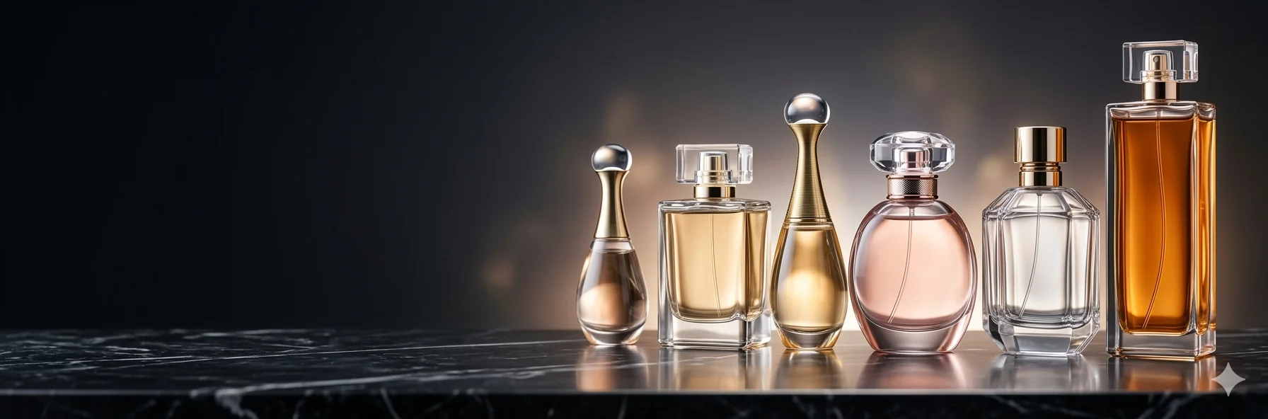 A collection of elegant perfume bottles with warm amber and gold tones